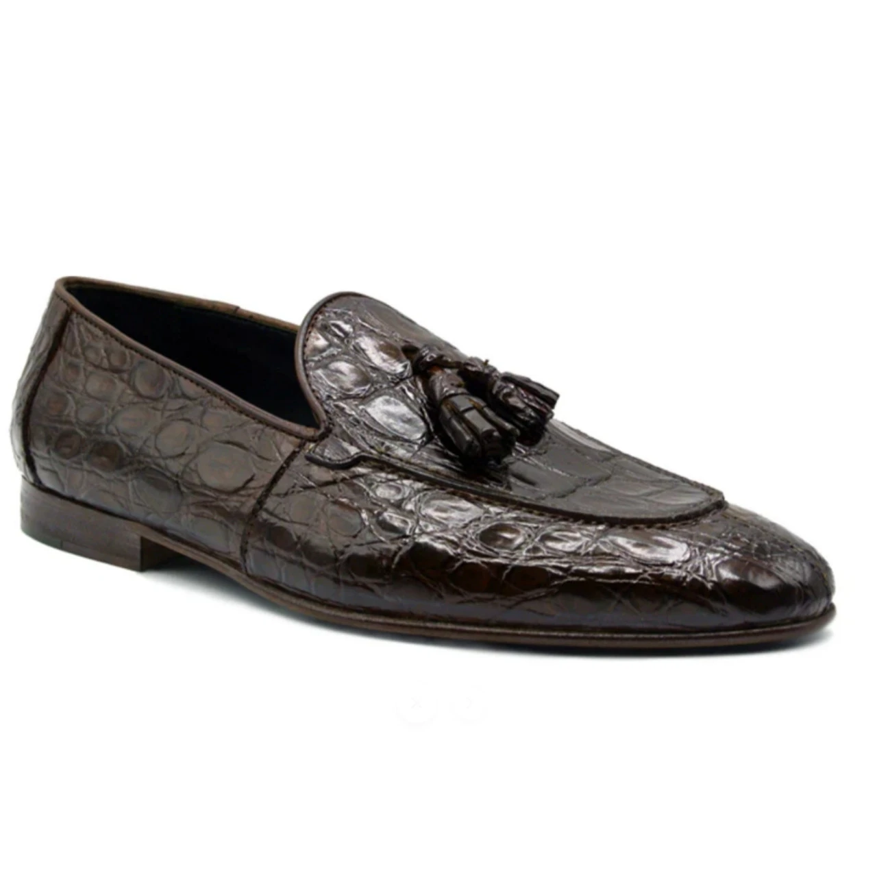Zelli 100% Caiman Crocodile Italian Tassel Long Toe Loafer - Dark Brown 4 Zelli 100% Caiman Crocodile Italian Tassel Long Toe Loafer - Dark Brown - Image 2