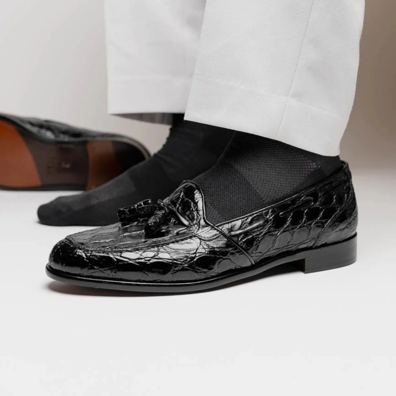 Zelli 100% Caiman Crocodile Italian Tassel Loafer - Black 4 Zelli 100% Caiman Crocodile Italian Tassel Loafer - Black - Image 2