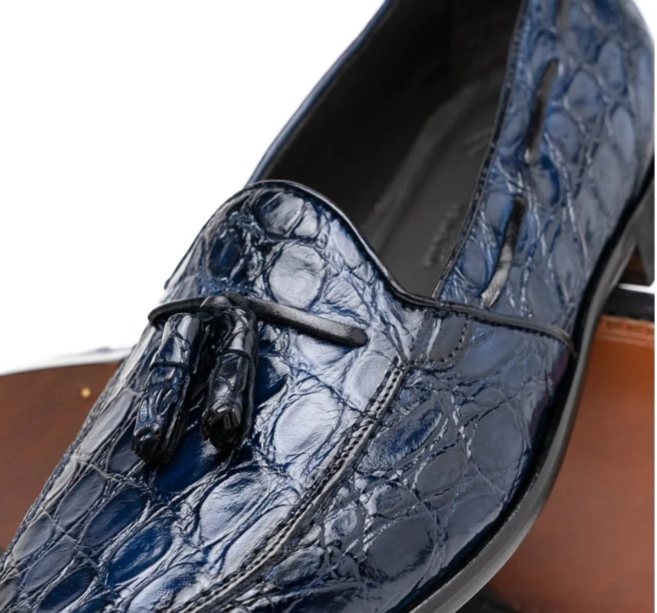 Zelli 100% Caiman Crocodile Italian Tassel Loafer - Navy Blue 4 Zelli 100% Caiman Crocodile Italian Tassel Loafer - Navy Blue - Image 2