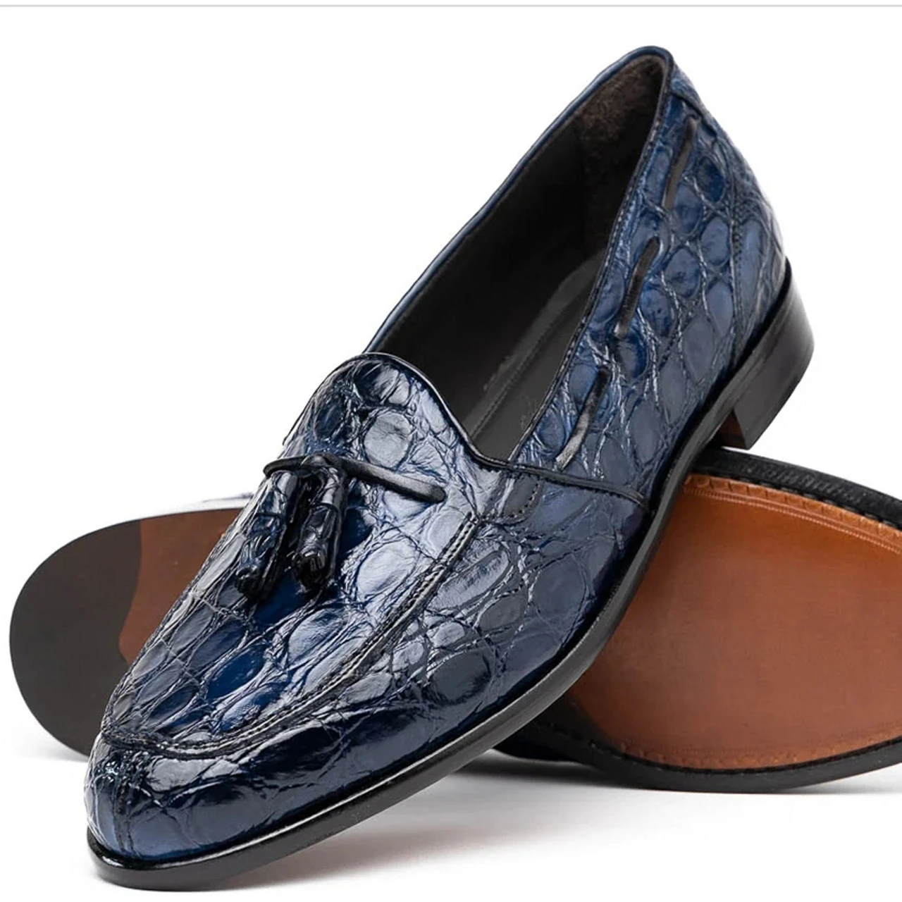 Zelli 100% Caiman Crocodile Italian Tassel Loafer - Navy Blue 7 Zelli 100% Caiman Crocodile Italian Tassel Loafer - Navy Blue - Image 5