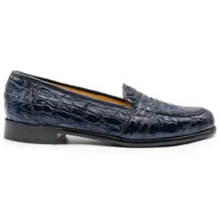 Zelli 100% Caiman Crocodile Italian Penny Loafer - Navy Blue