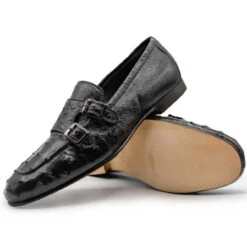 Zelli Italian 100% Genuine Ostrich Quill Double Buckle Loafer - Black