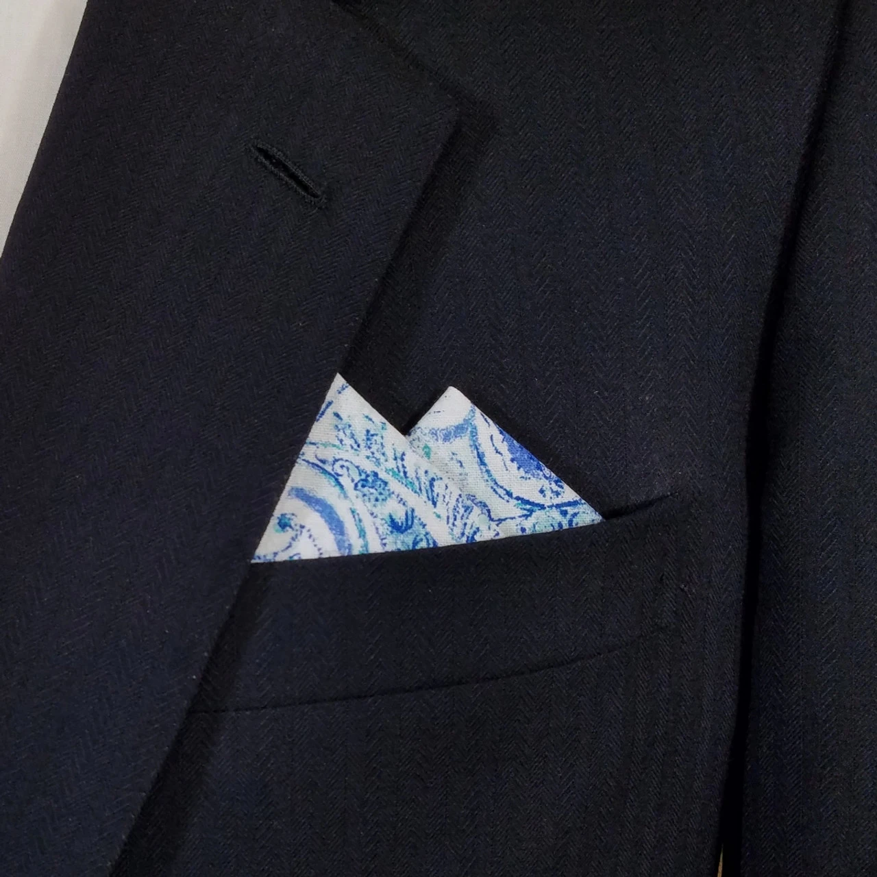 Blue Paisley 100% Cotton Pre-Folded Pocket Square Handkerchief Insert - 2 Point 3 Blue Paisley 100% Cotton Pre-Folded Pocket Square Handkerchief Insert - 2 Point