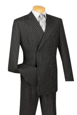 Vinci Black Bold Pinstripe Double-Breasted Suit With Pleated Slacks