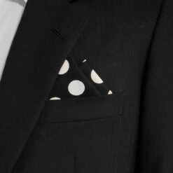 Large White Dots On Black 100% Cotton Pre-Folded Pocket Square Handkerchief Insert - 2 Point